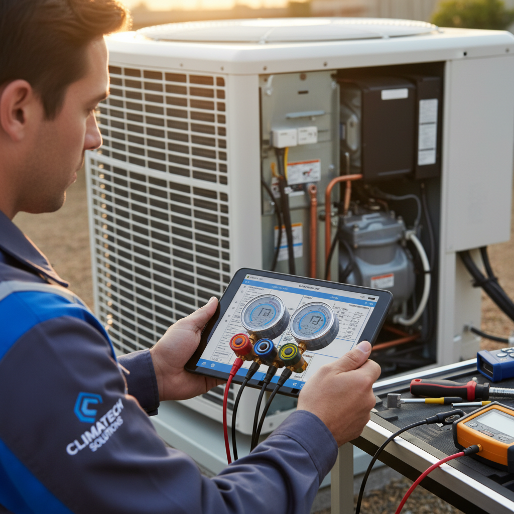 HVAC technician using modern digital diagnostic tools to service an air conditioning system